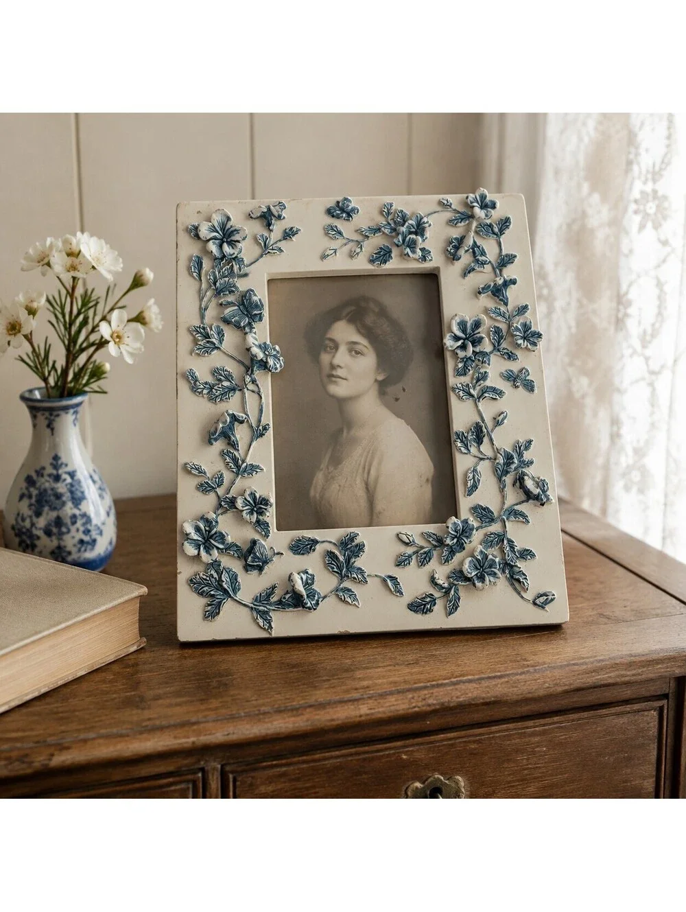 Vintage Blue White Floral Butterfly Resin Frame 3.5x5 Cottagecore